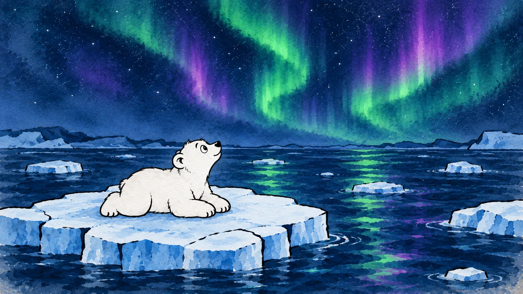 Der kleine Eisbär sitzt nachts allein auf der Scholle, über ihm ein Polarlicht