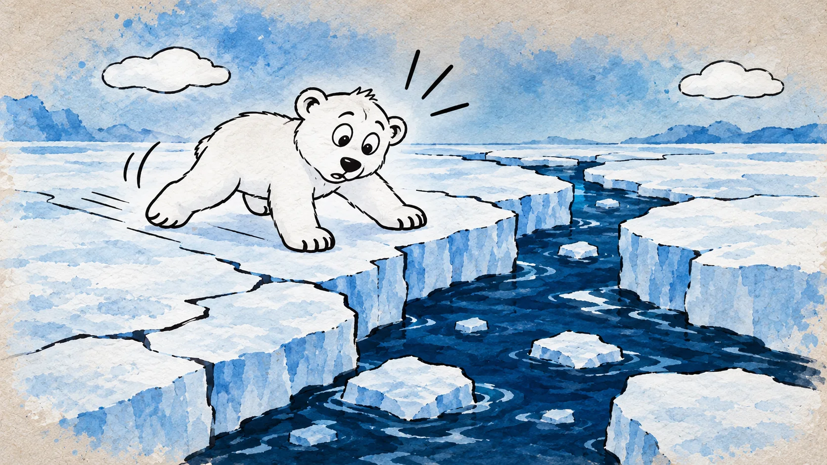 Das Eis unter dem kleinen Eisbären bricht, dunkles Wasser wird sichtbar