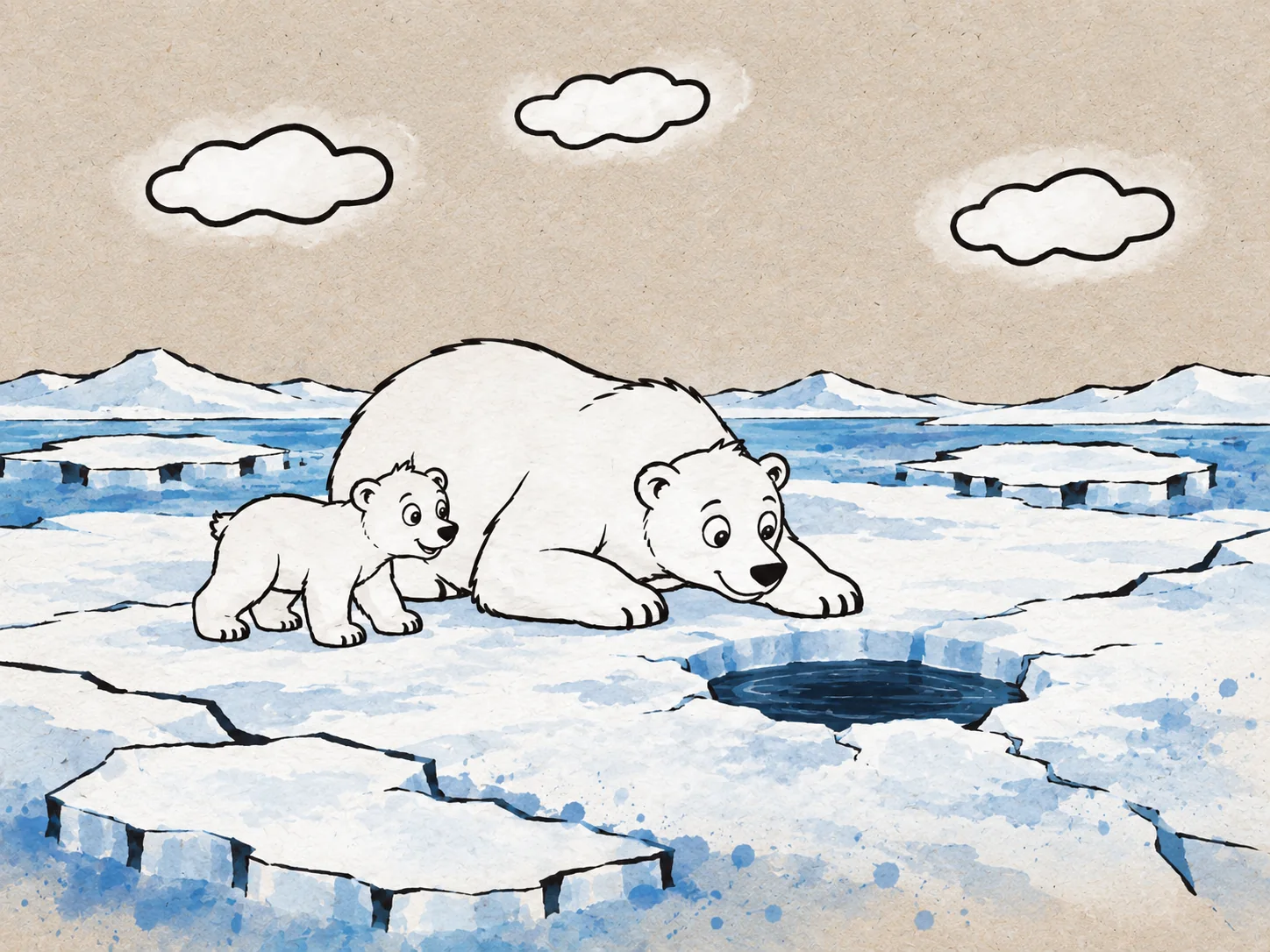 Die Eisbärmutter wartet reglos an einem Atemloch im Eis, ihr Junges schaut zu