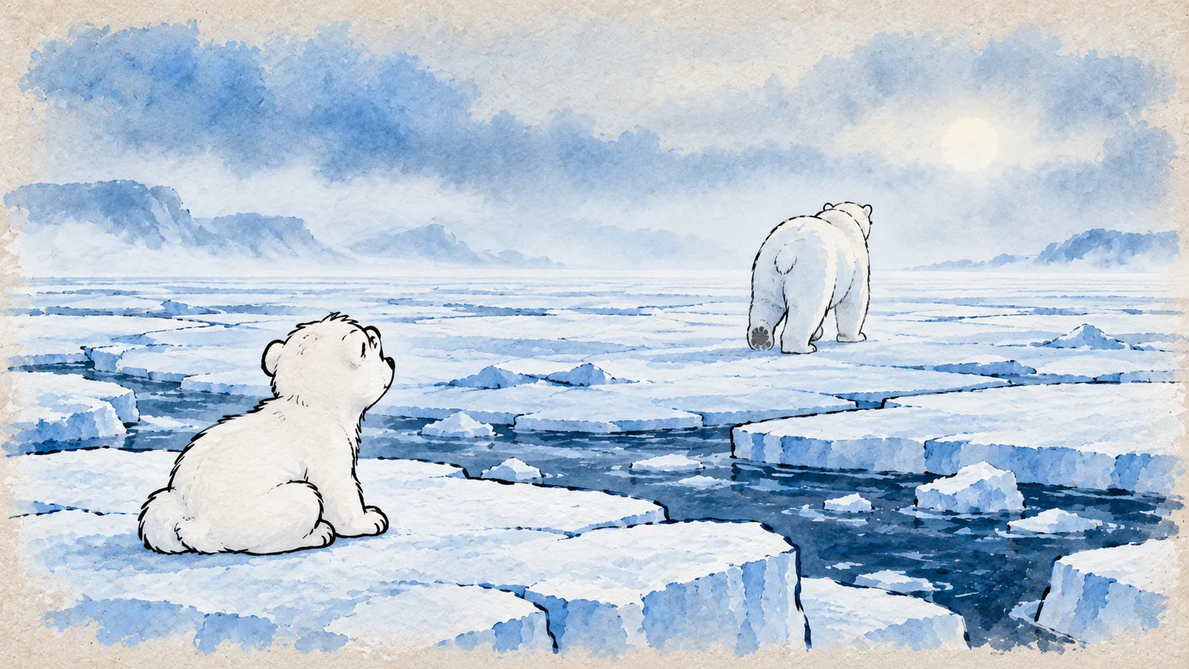 Die Eisbärmutter entfernt sich über die Eisfläche, ihr Junges bleibt zurück