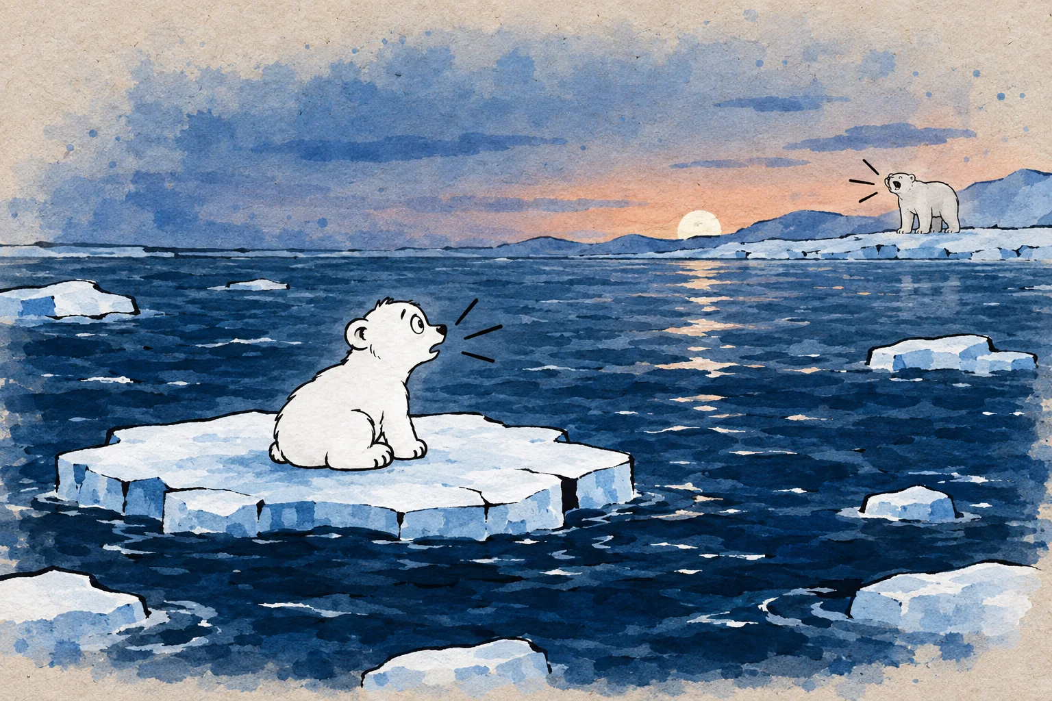 Der kleine Eisbär treibt auf einer Scholle, seine Mutter ruft vom Ufer