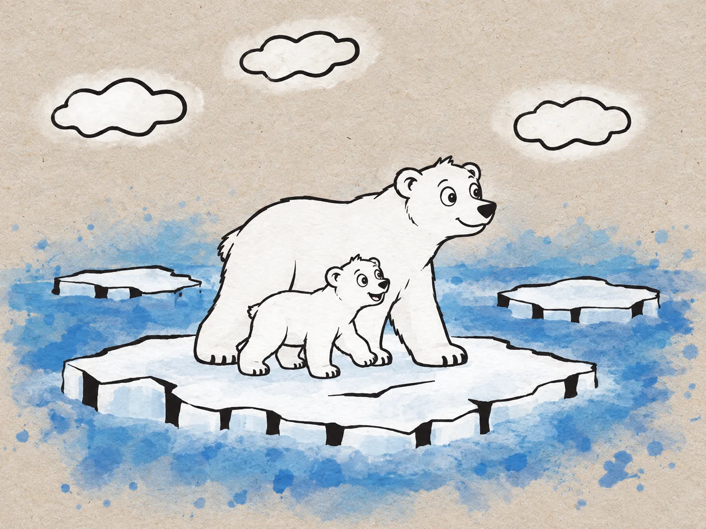 Der kleine Eisbär und seine Mutter auf einer weiten Eisfläche